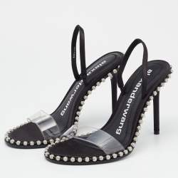 Pre Owned Alexander Wang Black Satin and PVC Studded Nova Slingback Sandals Size 37