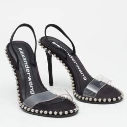 Pre Owned Alexander Wang Black Satin and PVC Studded Nova Slingback Sandals Size 37