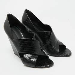 Pre Owned Alexander Wang Black Lizard Embossed Leather Cross Strap Wedge Sandals Size 40