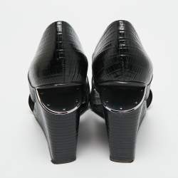 Pre Owned Alexander Wang Black Lizard Embossed Leather Cross Strap Wedge Sandals Size 40