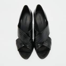 Pre Owned Alexander Wang Black Lizard Embossed Leather Cross Strap Wedge Sandals Size 40