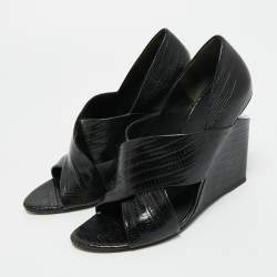 Pre Owned Alexander Wang Black Lizard Embossed Leather Cross Strap Wedge Sandals Size 40