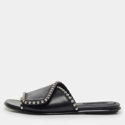 Pre Owned Alexander Wang Black Leather Leidy Studded Flat Slide Sandals Size 38