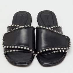 مملوكة مسبقًا Alexander Wang Black Leather Leidy Studded Flat Slide Sandals Size 38