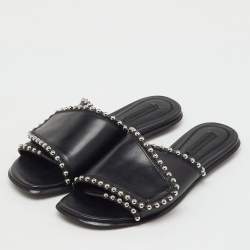 مملوكة مسبقًا Alexander Wang Black Leather Leidy Studded Flat Slide Sandals Size 38