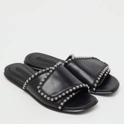 مملوكة مسبقًا Alexander Wang Black Leather Leidy Studded Flat Slide Sandals Size 38