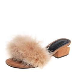 Alexander Wang Beige Suede And Feather Slip On Sandals Size 37.5