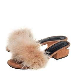 Alexander Wang Beige Suede And Feather Slip On Sandals Size 37.5