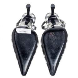 Alexander Wang Grey/Black Leather Crystal Embellished Logo Slingback Pointed Toe Sandals Size 40