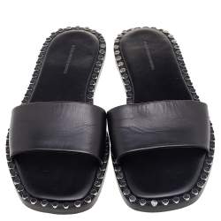Alexander Wang Black Leather Studded Flat Slides Size 37.5