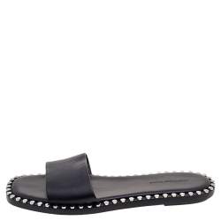 Alexander Wang Black Leather Studded Flat Slides Size 37.5