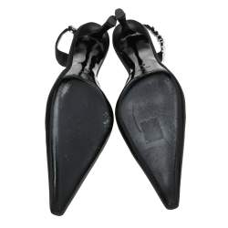 Pre Owned Alexander Wang Black Satin Crystal Embellished Logo Slingback Pointed Toe Sandals Size 38