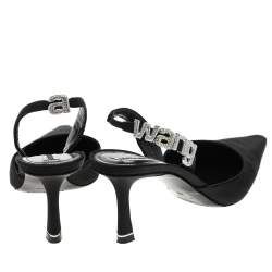 Pre Owned Alexander Wang Black Satin Crystal Embellished Logo Slingback Pointed Toe Sandals Size 38