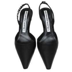 Pre Owned Alexander Wang Black Satin Crystal Embellished Logo Slingback Pointed Toe Sandals Size 38