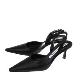 Pre Owned Alexander Wang Black Satin Crystal Embellished Logo Slingback Pointed Toe Sandals Size 38