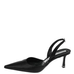 Pre Owned Alexander Wang Black Satin Crystal Embellished Logo Slingback Pointed Toe Sandals Size 38