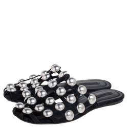 Alexander Wang Black Leather Amelia Studded Flat Slides Size 38