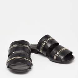 Pre Owned Alexander Wang Black Leather Zip Detail Flat Sandals Size 37