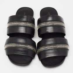 Pre Owned Alexander Wang Black Leather Zip Detail Flat Sandals Size 37