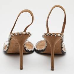 Pre Owned صندل اليكساندر وانغ نوفا بلاستيك مشمع سويدي بيج مرصع فتحة كعب مقاس 37.5