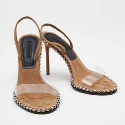 Pre Owned صندل اليكساندر وانغ نوفا بلاستيك مشمع سويدي بيج مرصع فتحة كعب مقاس 37.5