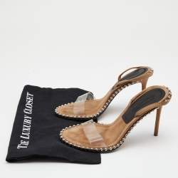 Pre Owned صندل اليكساندر وانغ نوفا بلاستيك مشمع سويدي بيج مرصع فتحة كعب مقاس 37.5