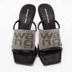 Alexander Wang Black Satin Crystal Embellished Julie Slide Sandals Size 38