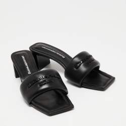 Pre Owned Alexander Wang Black Leather Anya Logo Slide Sandals Size 39.5