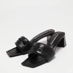 Pre Owned Alexander Wang Black Leather Anya Logo Slide Sandals Size 39.5