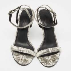 Alexander Wang White/Black Lizard Embossed Leather Ankle Strap Sandals Size 40.5