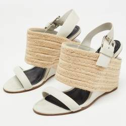 Pre Owned Alexander Wang Off White /Beige Leather and Jute Slingback Wedge Espadrille Sandals Size 38