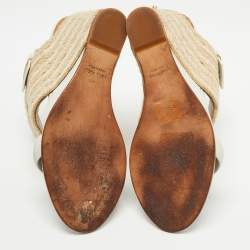 Pre Owned Alexander Wang Off White /Beige Leather and Jute Slingback Wedge Espadrille Sandals Size 38