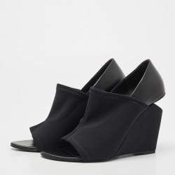 Pre Owned Alexander Wang Black Leather and Stretch Fabric Alla Wedge Open Toe Pumps Size 39.5