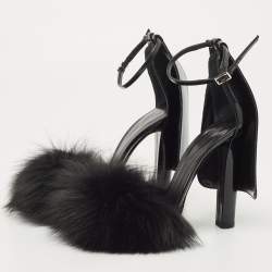 Alexander Wang Black Fur And Patent Ankle Strap Sandals Size 38.5
