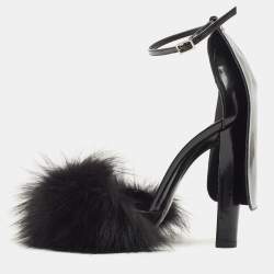 Alexander Wang Black Fur And Patent Ankle Strap Sandals Size 38.5