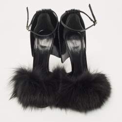 Alexander Wang Black Fur And Patent Ankle Strap Sandals Size 38.5