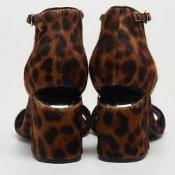Alexander Wang Brown Leopard Print Calf Hair Block Heel Ankle Strap Sandals Size 37