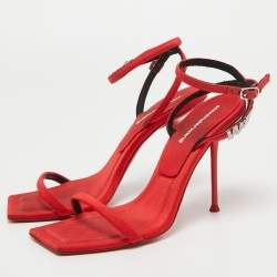 Alexander Wang Red Canvas Crystal Embellished Ankle Wrap Sandals Size 37