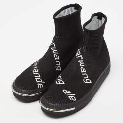 مملوكة مسبقًا Alexander Wang Black Knit Fabric Pia Logo High Top Sneakers Size 38