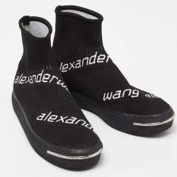 مملوكة مسبقًا Alexander Wang Black Knit Fabric Pia Logo High Top Sneakers Size 38