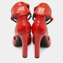 Alexander Wang Orange Croc Embossed Leather Ankle-Strap Sandals Size 39.5