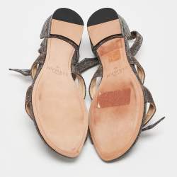Alexandre Birman Silver/Brown Glitter Ankle-Wrap Flat Sandals Size 40