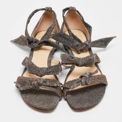 Alexandre Birman Silver/Brown Glitter Ankle-Wrap Flat Sandals Size 40