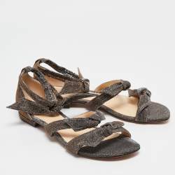 Alexandre Birman Silver/Brown Glitter Ankle-Wrap Flat Sandals Size 40