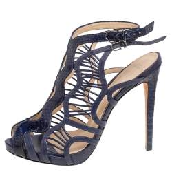 Alexandre Birman Blue Python Leather Caged Zipper Sandals Size 39.5