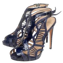 Alexandre Birman Blue Python Leather Caged Zipper Sandals Size 39.5