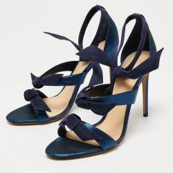 Alexandre Birman Navy Blue Glitter Fabric and Suede Gianna Three Bow Ankle Tie Sandals Size 40