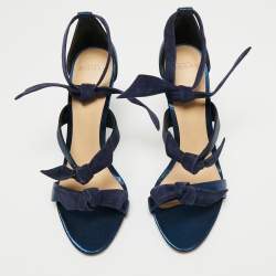 Alexandre Birman Navy Blue Glitter Fabric and Suede Gianna Three Bow Ankle Tie Sandals Size 40