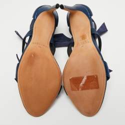 Alexandre Birman Navy Blue Glitter Fabric and Suede Gianna Three Bow Ankle Tie Sandals Size 40