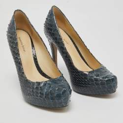 Alexandre Birman Navy Blue Python Leather Platform Pumps Size 40